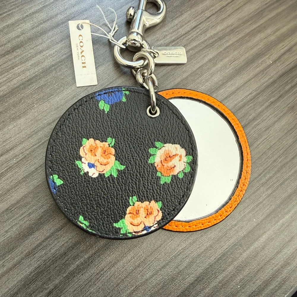 Coach Floral Print Mirror Bag Charm Key Ring F58500 Black Blue Orange‎ New